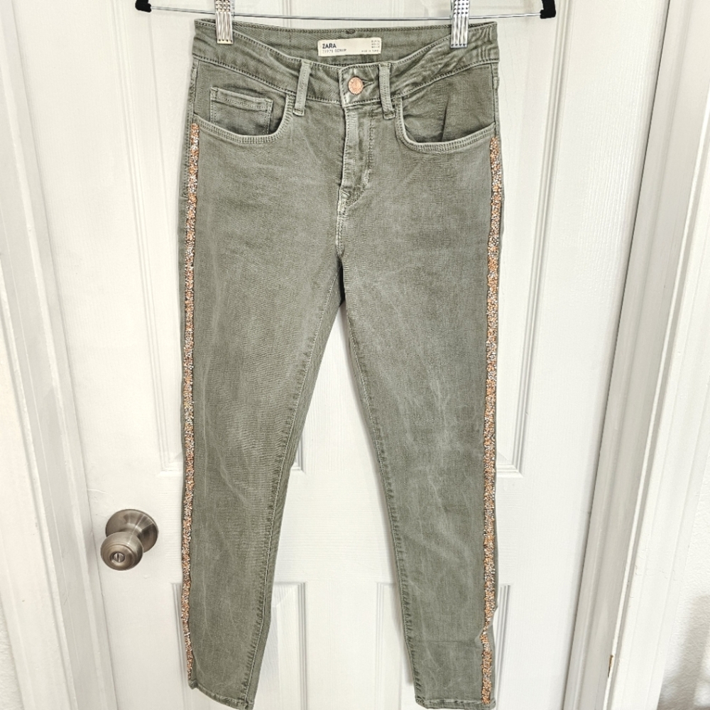 Greem ZARA Z1975 Denim Olive Green Rhinestone Stripes Skinny Jeans Size 4